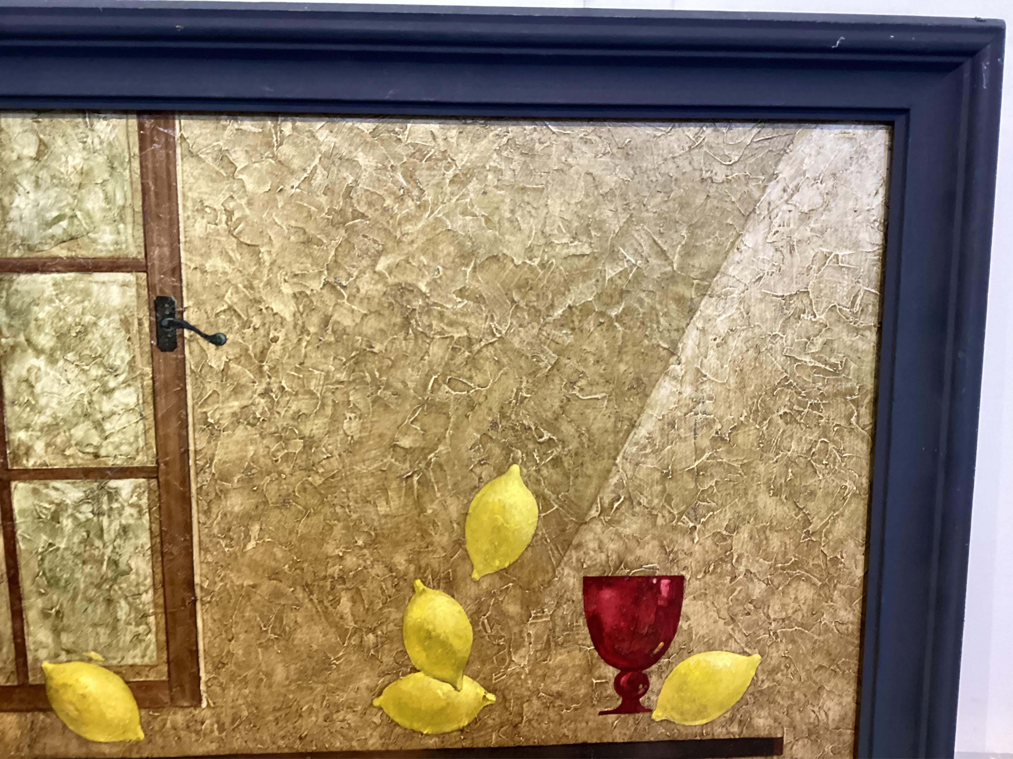 Russian School , Still life of floating lemons and butterfly with harlequin comb, oils on board (2), 48 x 59cm and 48 x 58cm